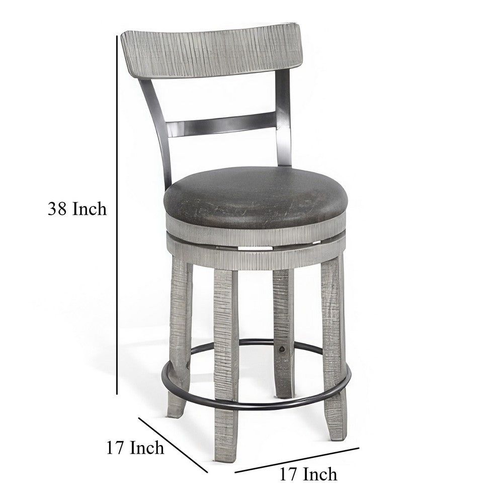 Benjara Zeka Swivel Counter Stool Chair Set of 2, Faux Leather, Gray Mahogany