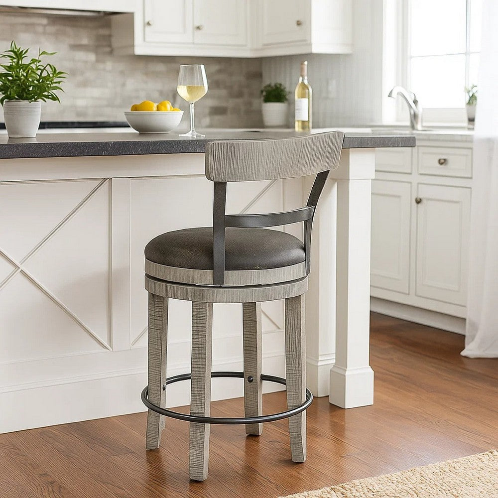 Benjara Zeka Swivel Counter Stool Chair Set of 2, Faux Leather, Gray Mahogany