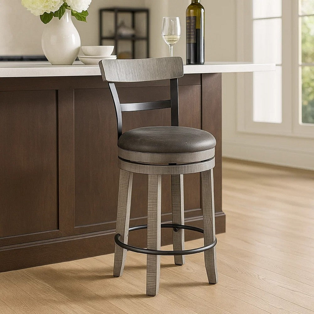 Benjara Zeka Swivel Counter Stool Chair Set of 2, Faux Leather, Gray Mahogany
