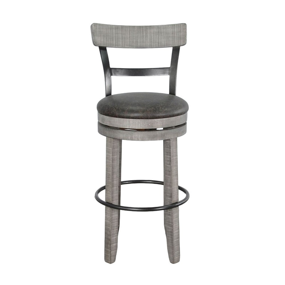 Benjara Zeka Swivel Barstool Chair Set of 2, Faux Leather, Gray Mahogany Wood