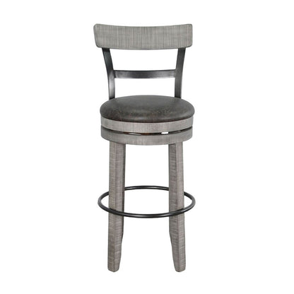 Benjara Zeka Swivel Barstool Chair Set of 2, Faux Leather, Gray Mahogany Wood