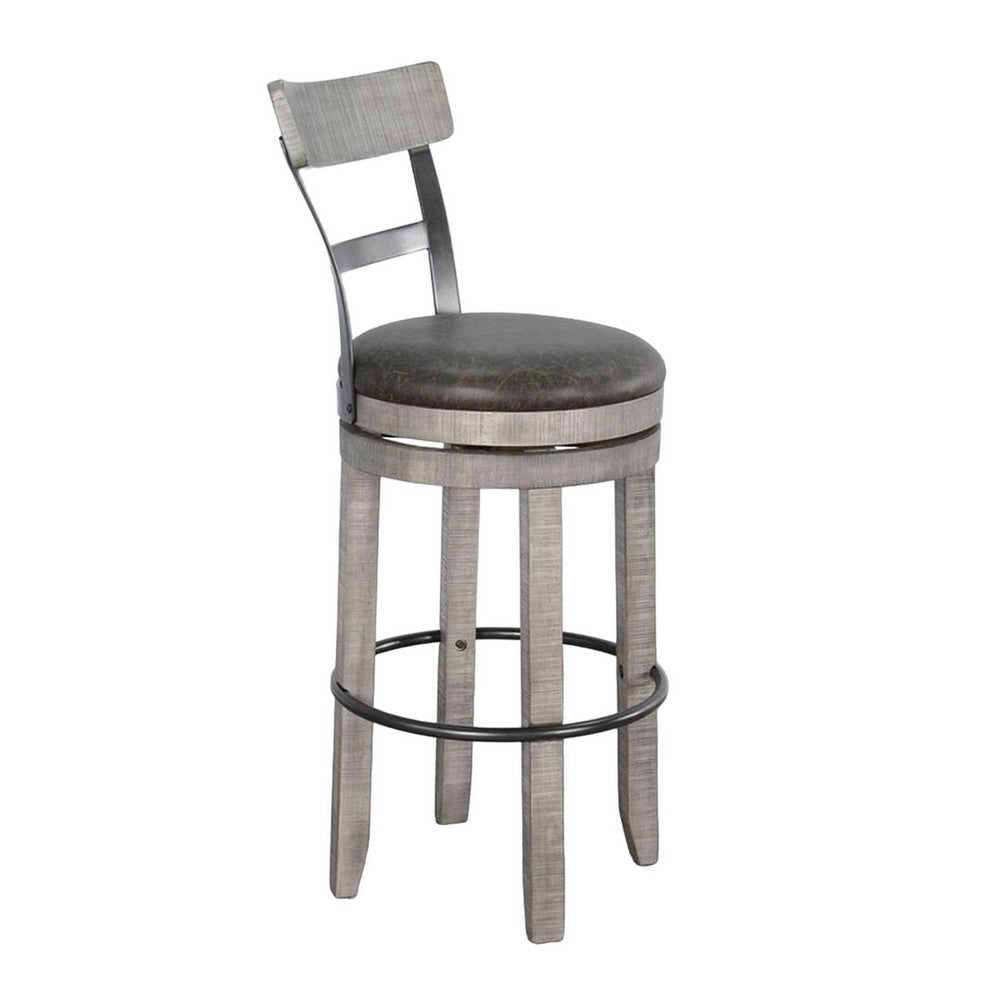 Benjara Zeka Swivel Barstool Chair Set of 2, Faux Leather, Gray Mahogany Wood