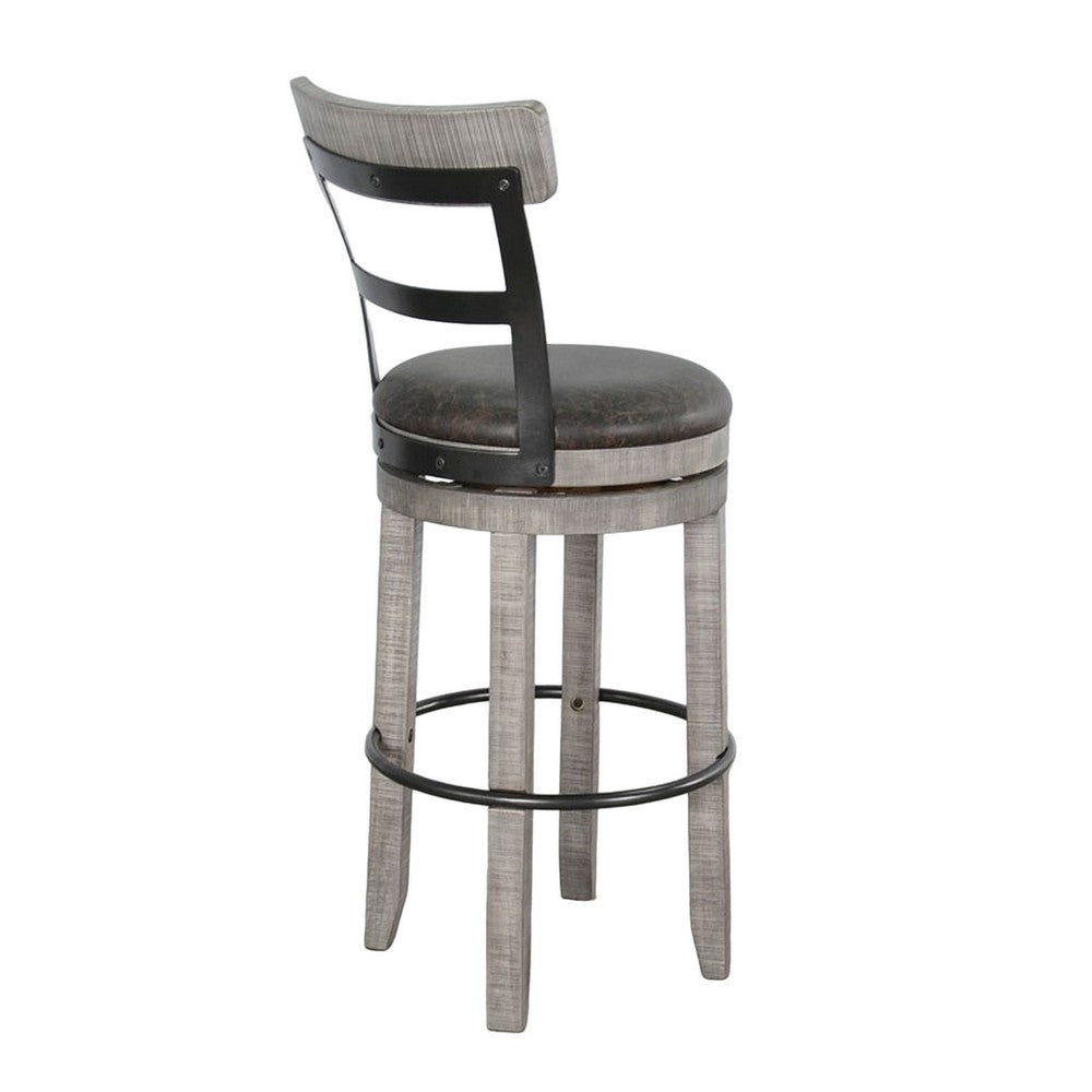 Benjara Zeka Swivel Barstool Chair Set of 2, Faux Leather, Gray Mahogany Wood