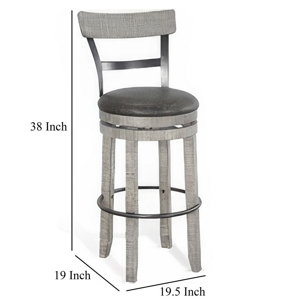 Benjara Zeka Swivel Barstool Chair Set of 2, Faux Leather, Gray Mahogany Wood