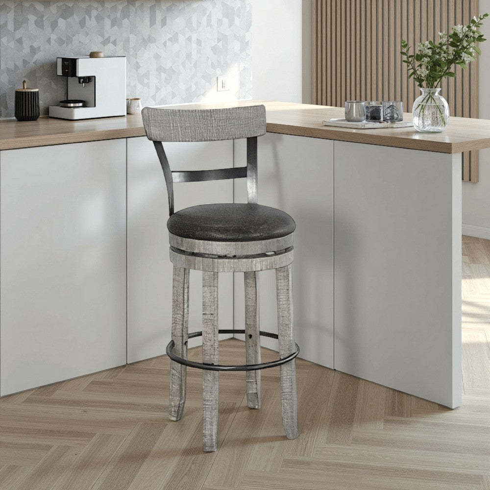 Benjara Zeka Swivel Barstool Chair Set of 2, Faux Leather, Gray Mahogany Wood