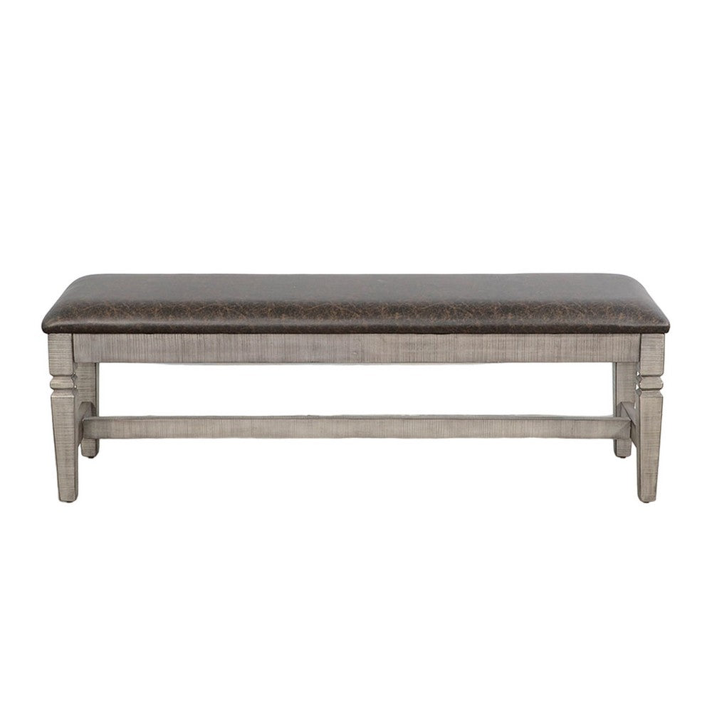Benjara Camie Dining Bench, 56 Inch Faux Leather Seat, Gray Mahogany Wood