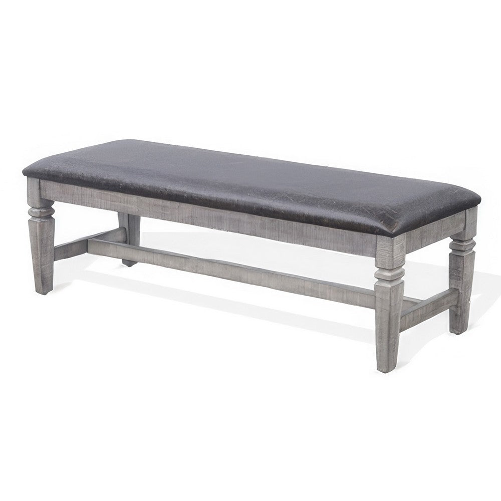 Benjara Camie Dining Bench, 56 Inch Faux Leather Seat, Gray Mahogany Wood