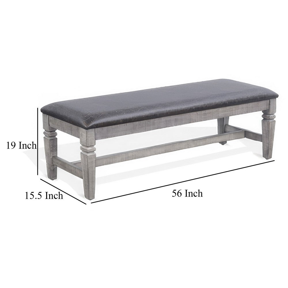 Benjara Camie Dining Bench, 56 Inch Faux Leather Seat, Gray Mahogany Wood