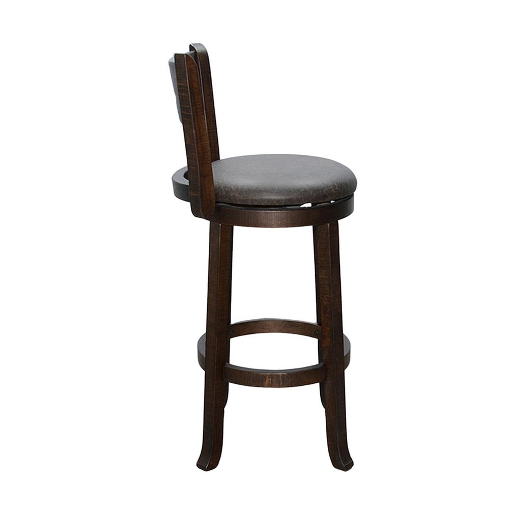 Benjara Flint Swivel Barstool Chair Set of 2, Faux Leather, Brown Mahogany