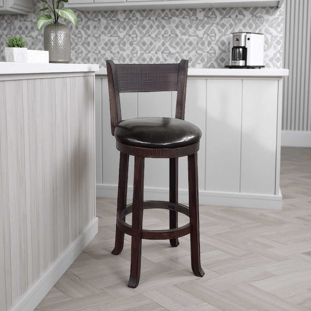 Benjara Flint Swivel Barstool Chair Set of 2, Faux Leather, Brown Mahogany
