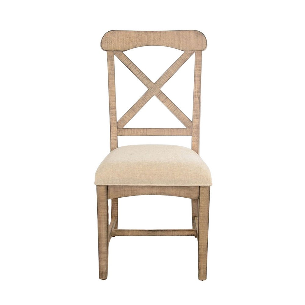 Benjara Rena Dining Chair Set of 2, X-Back Design, White, Beige Mahogany Wood