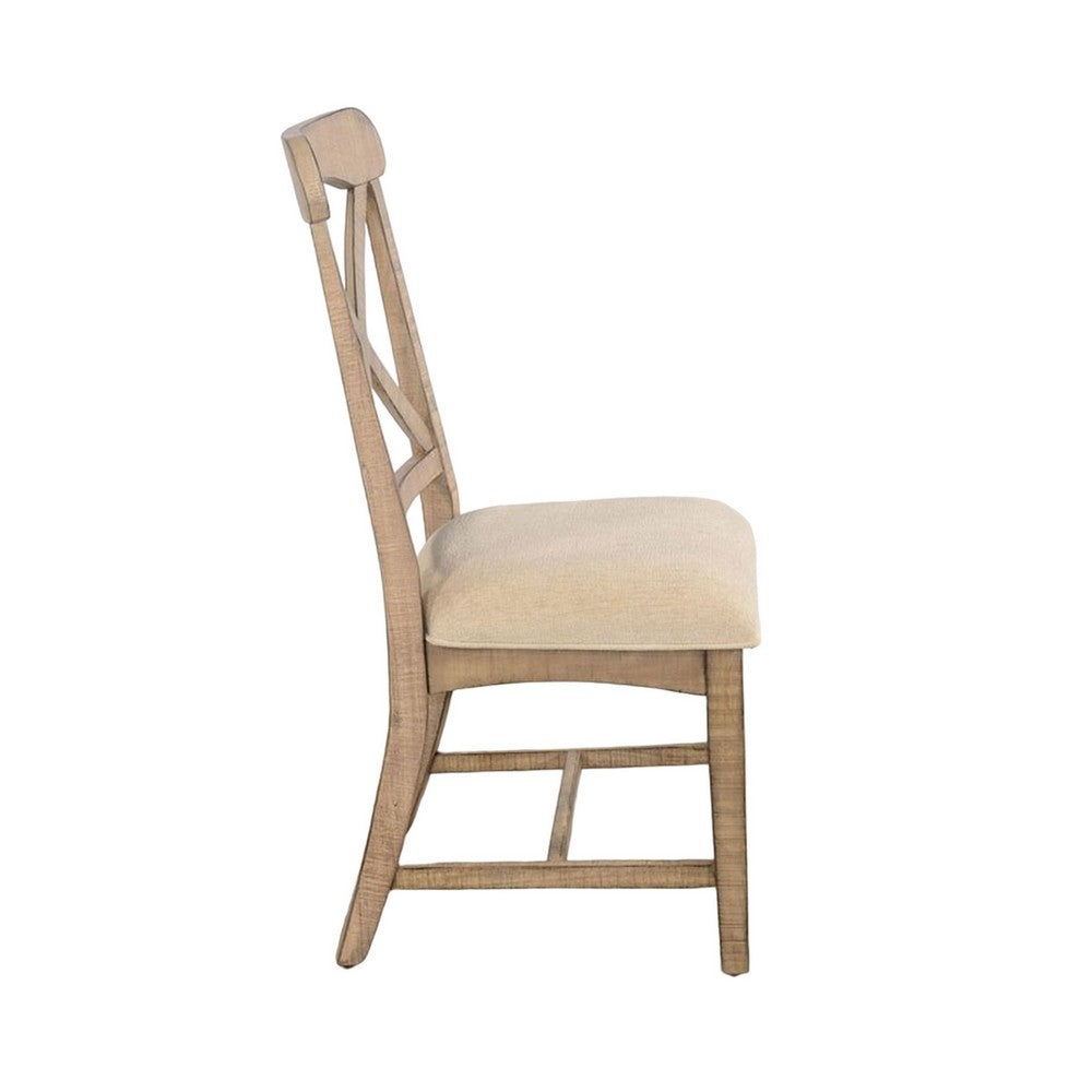 Benjara Rena Dining Chair Set of 2, X-Back Design, White, Beige Mahogany Wood