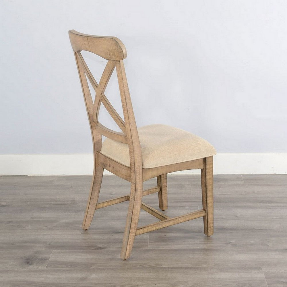 Benjara Rena Dining Chair Set of 2, X-Back Design, White, Beige Mahogany Wood