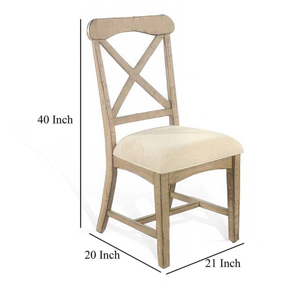 Benjara Rena Dining Chair Set of 2, X-Back Design, White, Beige Mahogany Wood