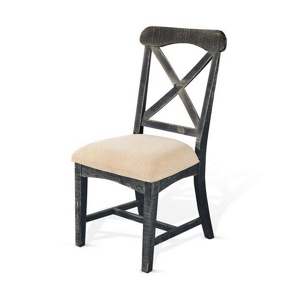 Benjara Rena Dining Chair Set of 2, X-Back Design, White, Black Mahogany Wood