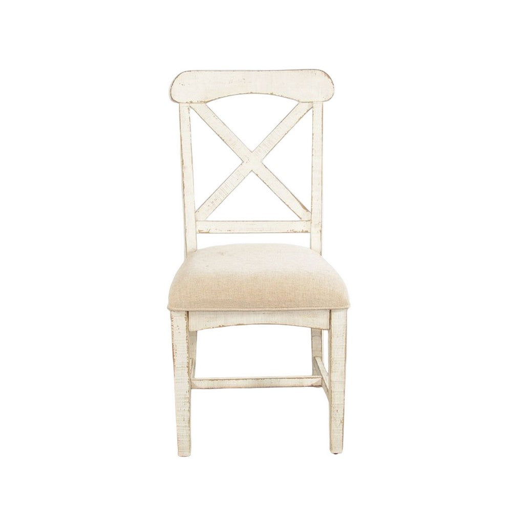 Benjara Rena Dining Chair Set of 2, X-Back Design, White Sand Mahogany Wood