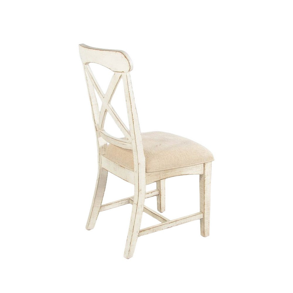 Benjara Rena Dining Chair Set of 2, X-Back Design, White Sand Mahogany Wood