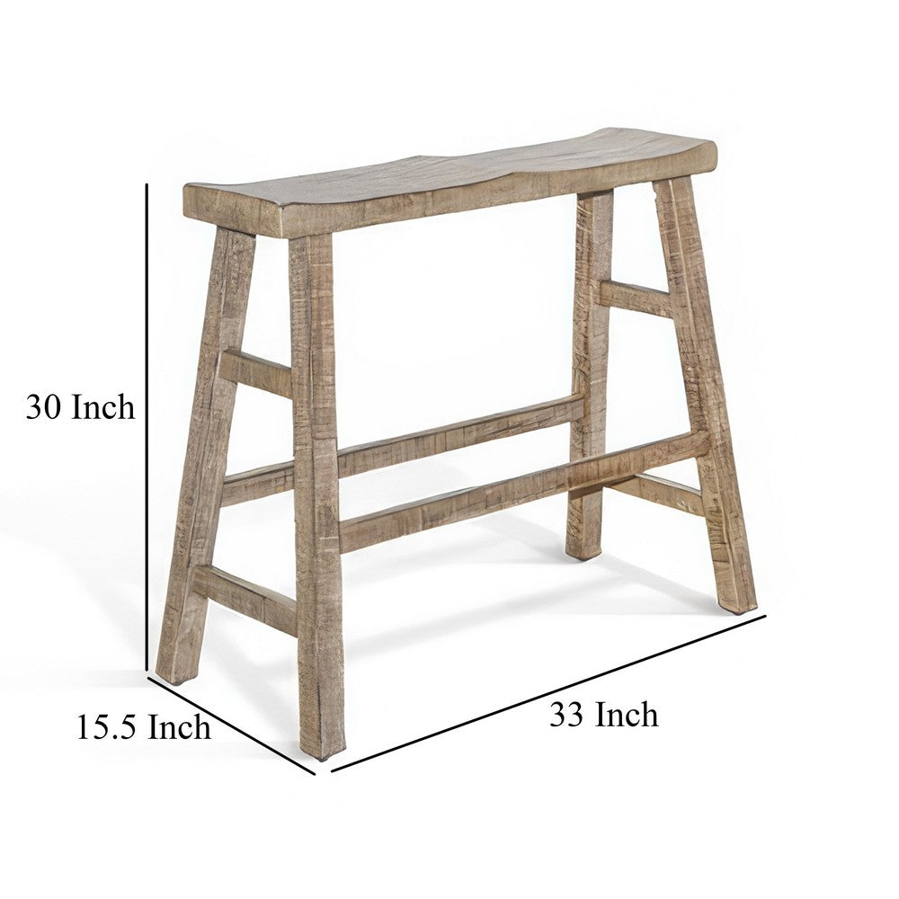 Benjara Rena Bar Height Bench, 33 Inch Rustic Light Brown Mahogany Wood Frame