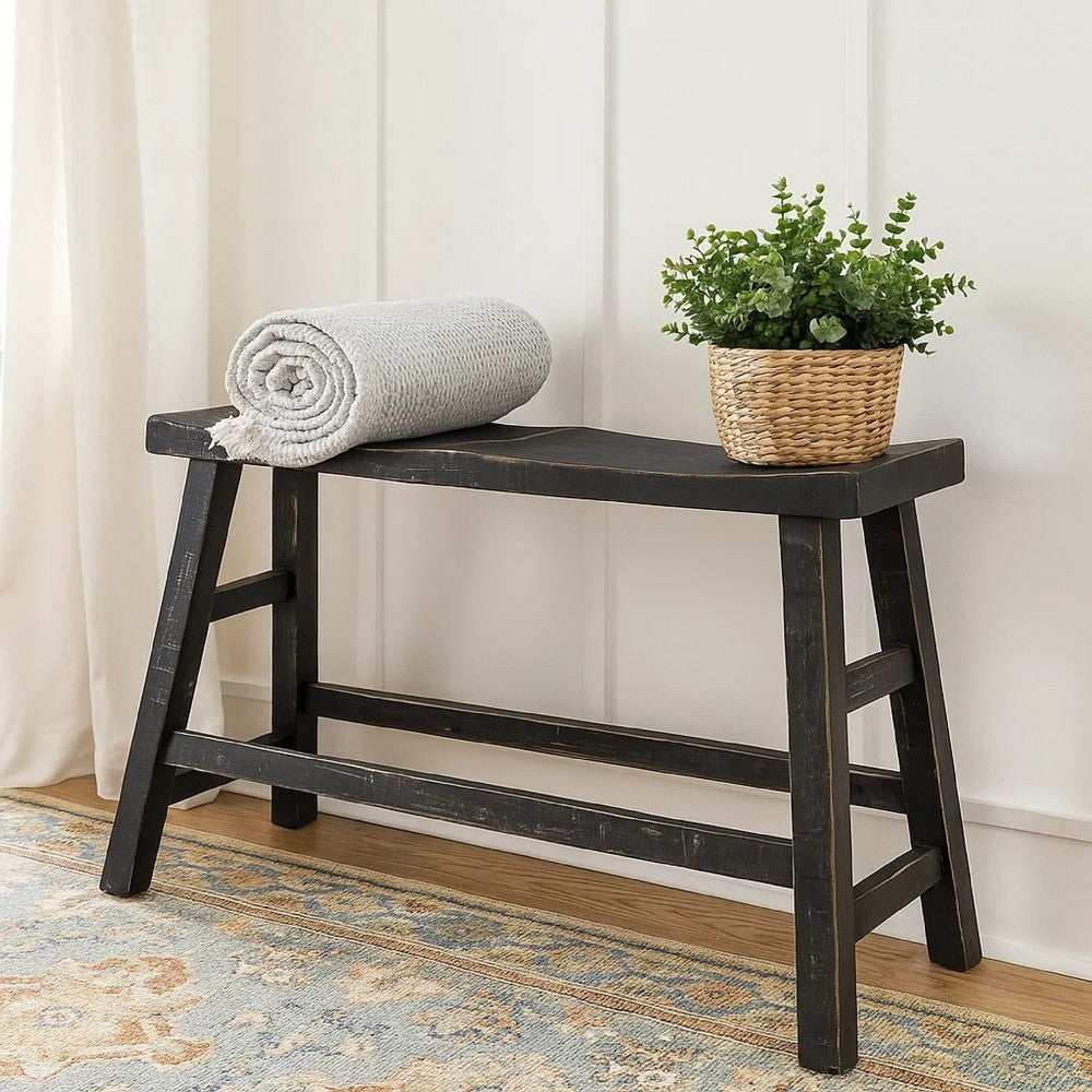 Benjara Rena Counter Height Bench, 33 Inch Rustic Black Mahogany Wood Frame