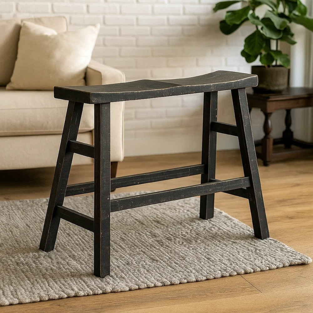 Benjara Rena Counter Height Bench, 33 Inch Rustic Black Mahogany Wood Frame