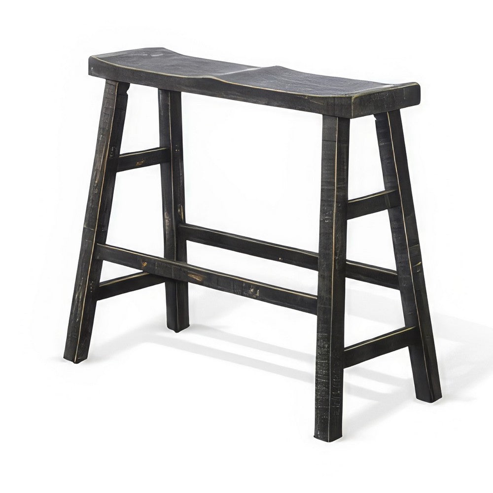 Benjara Rena Bar Height Bench | Trestle Legs with Footrests | 33" Wide Rustic Black Mahogany Wood