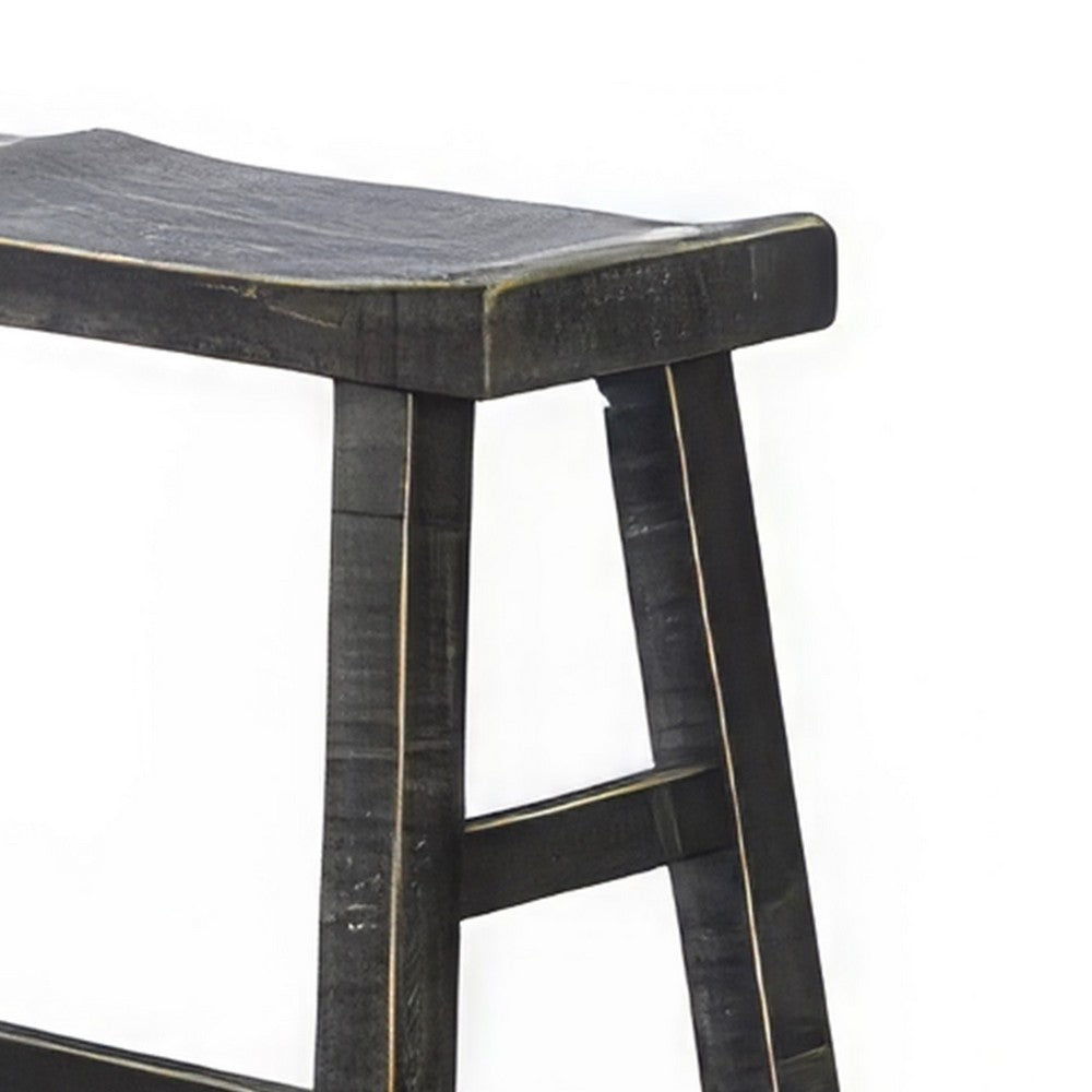Benjara Rena Bar Height Bench | Trestle Legs with Footrests | 33" Wide Rustic Black Mahogany Wood