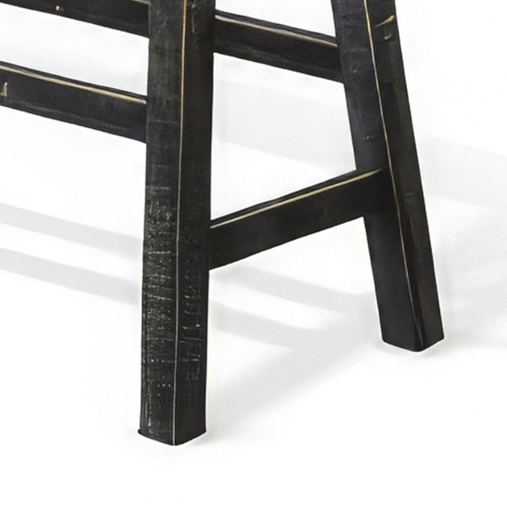 Benjara Rena Bar Height Bench | Trestle Legs with Footrests | 33" Wide Rustic Black Mahogany Wood