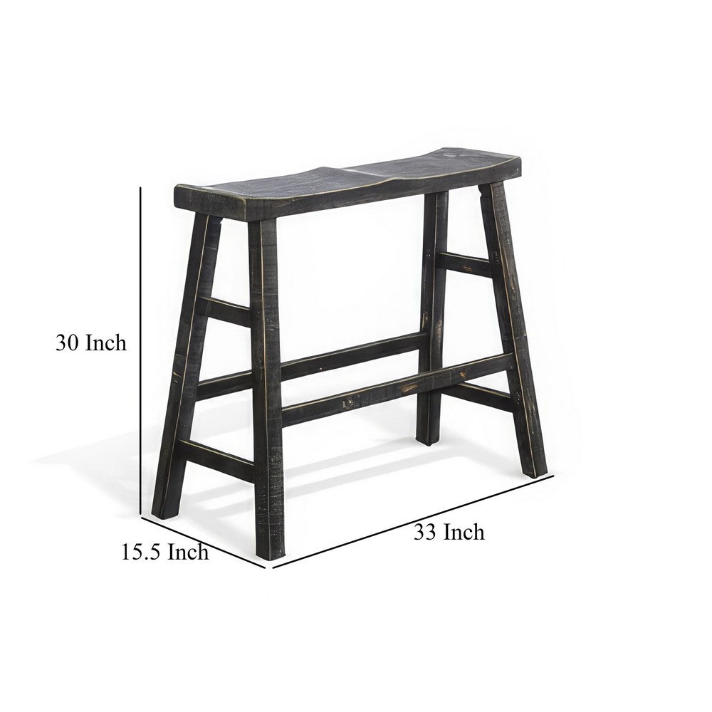 Benjara Rena Bar Height Bench | Trestle Legs with Footrests | 33" Wide Rustic Black Mahogany Wood