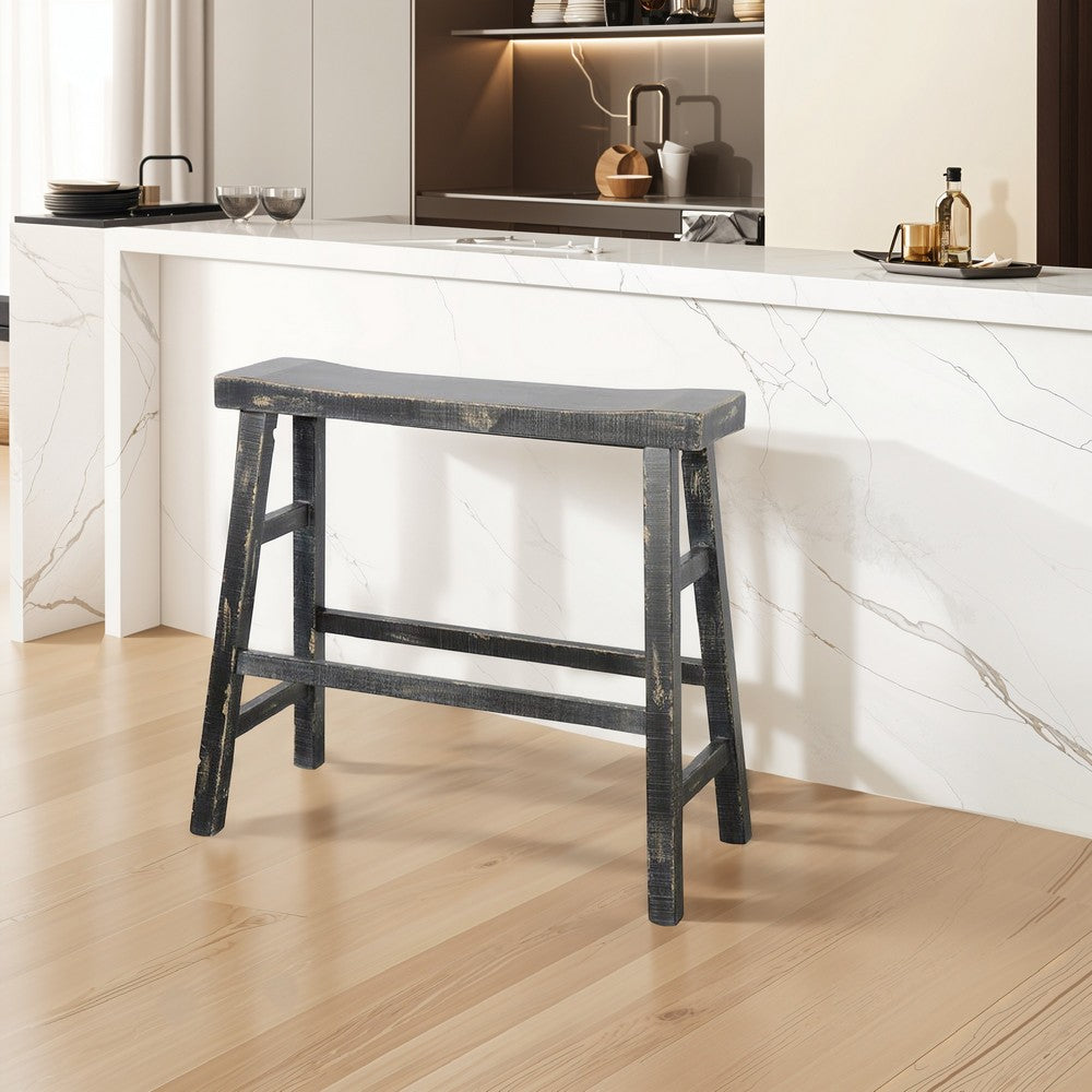 Benjara Rena Bar Height Bench | Trestle Legs with Footrests | 33" Wide Rustic Black Mahogany Wood