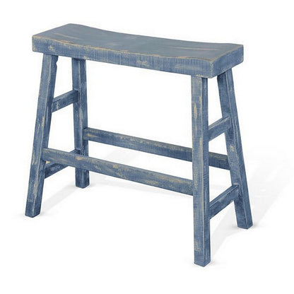 Benjara Rena Bar Height Bench | Trestle Legs with Footrests | 33" Wide Rustic Ocean Blue Mahogany Wood