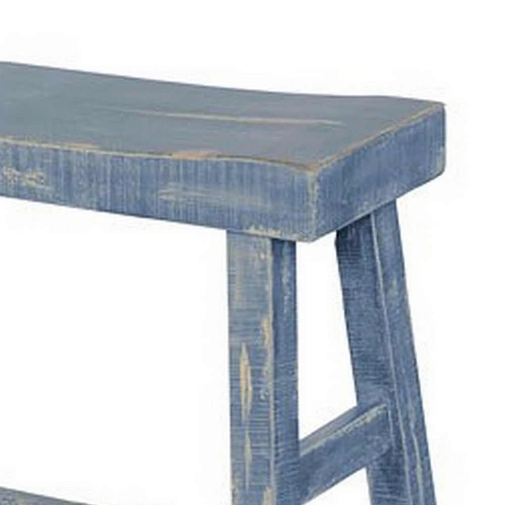 Benjara Rena Bar Height Bench | Trestle Legs with Footrests | 33" Wide Rustic Ocean Blue Mahogany Wood