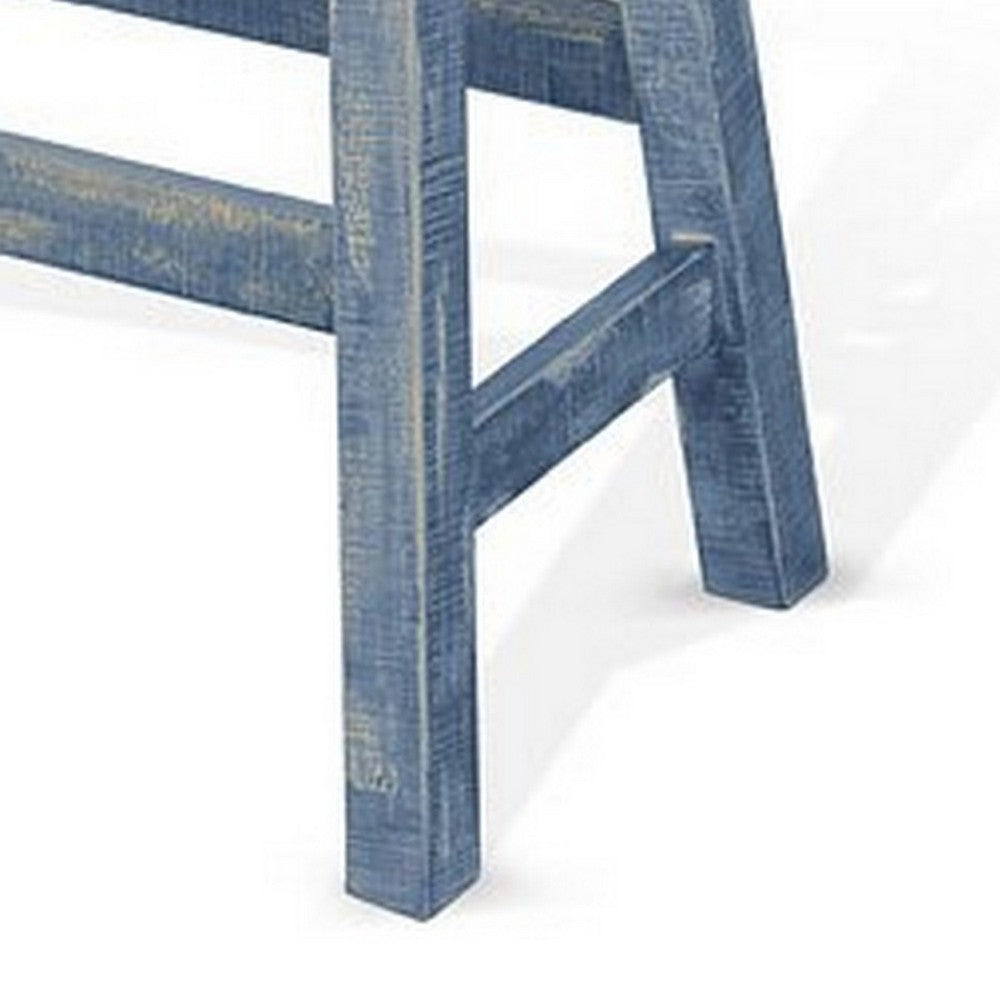 Benjara Rena Bar Height Bench | Trestle Legs with Footrests | 33" Wide Rustic Ocean Blue Mahogany Wood