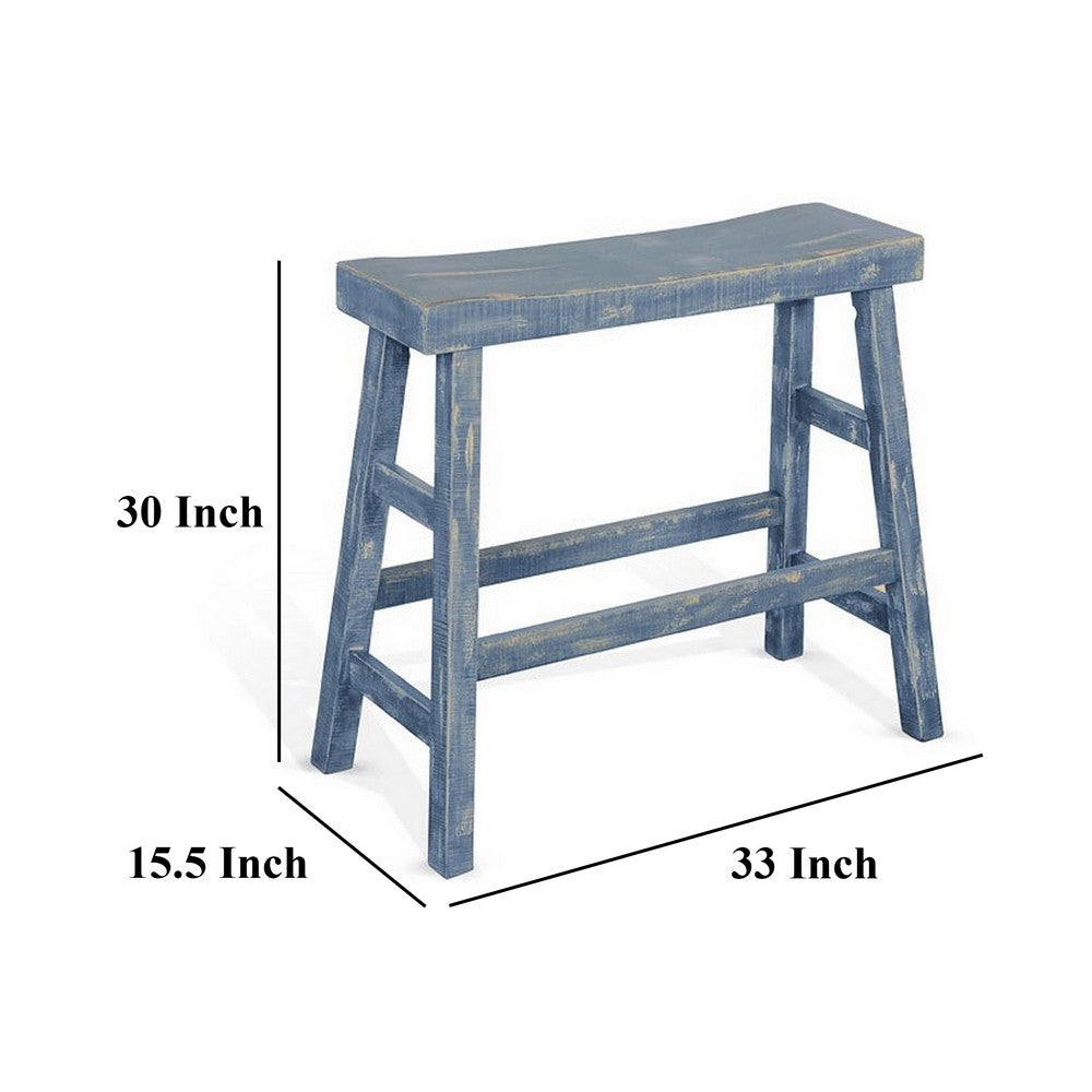 Benjara Rena Bar Height Bench | Trestle Legs with Footrests | 33" Wide Rustic Ocean Blue Mahogany Wood