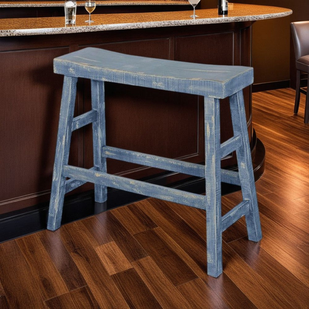 Benjara Rena Bar Height Bench | Trestle Legs with Footrests | 33" Wide Rustic Ocean Blue Mahogany Wood