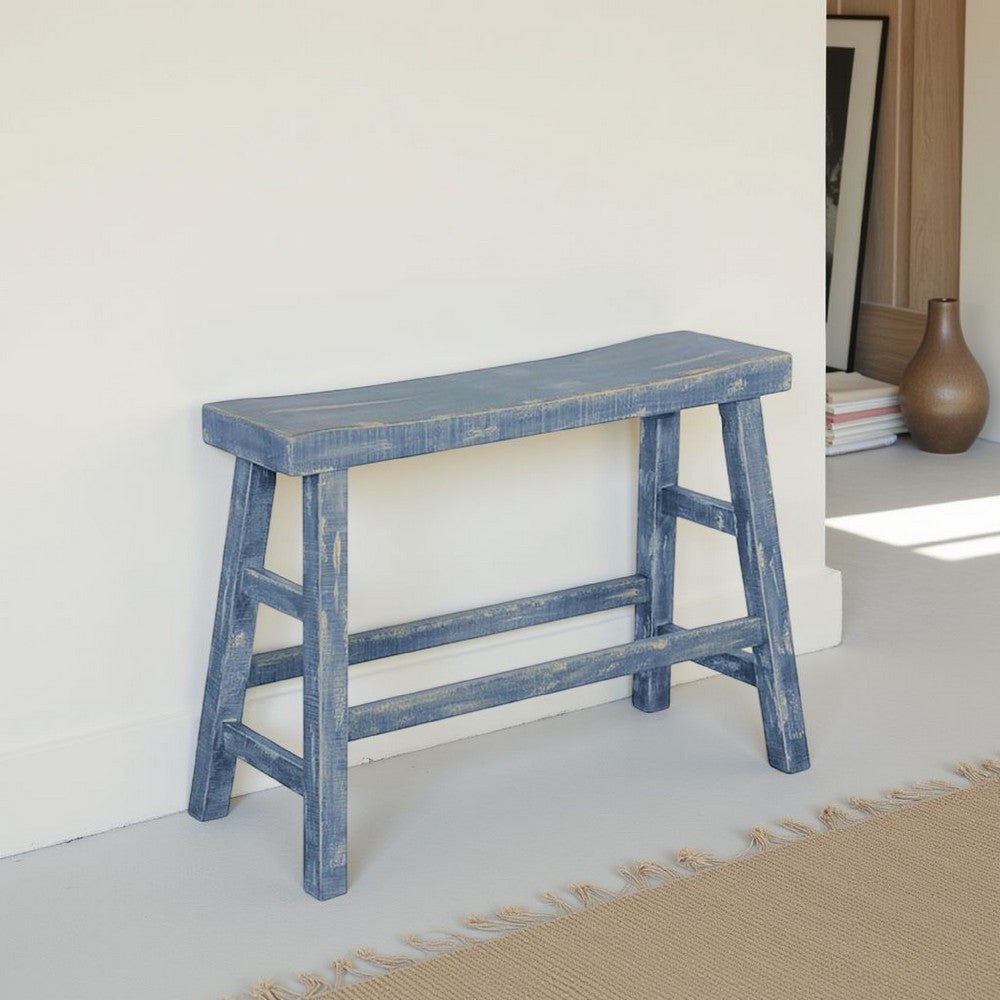 Benjara Rena Bar Height Bench | Trestle Legs with Footrests | 33" Wide Rustic Ocean Blue Mahogany Wood