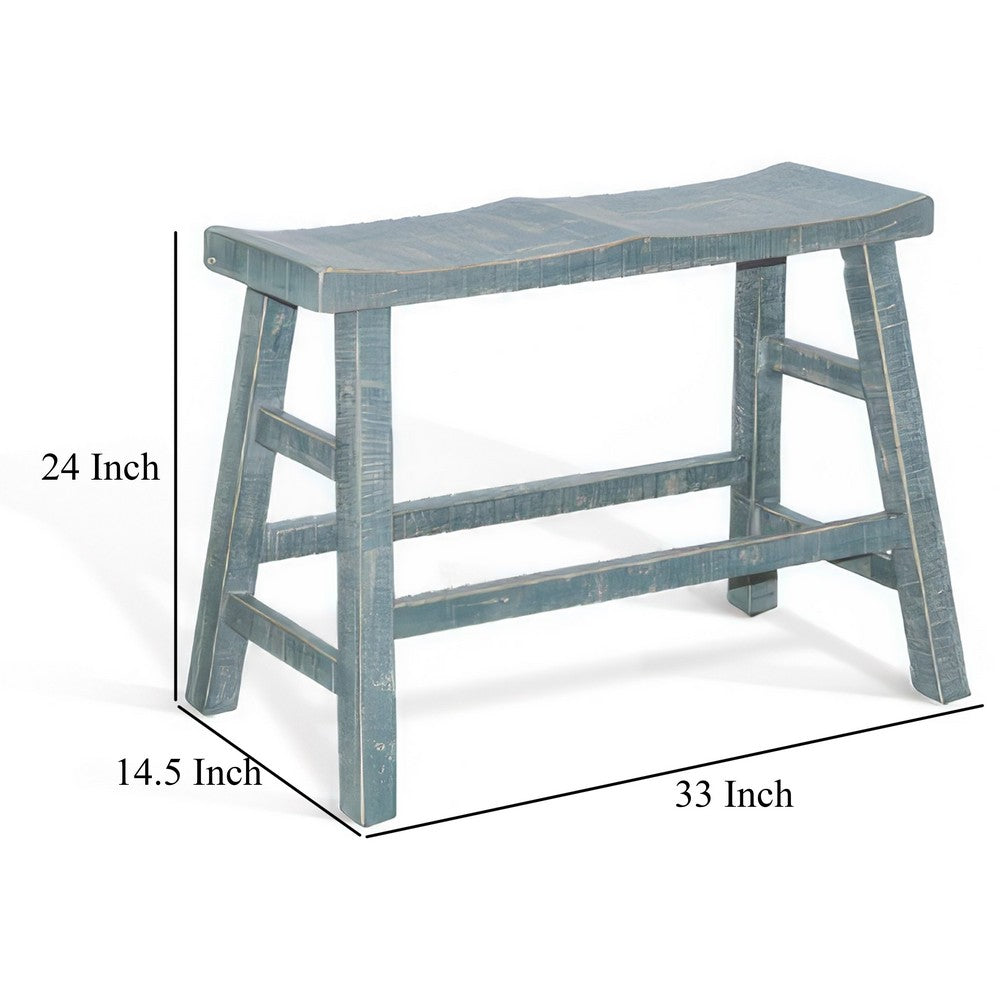 Benjara Rena Counter Height Bench, 33 Inch Seagrass Green Mahogany Wood Frame