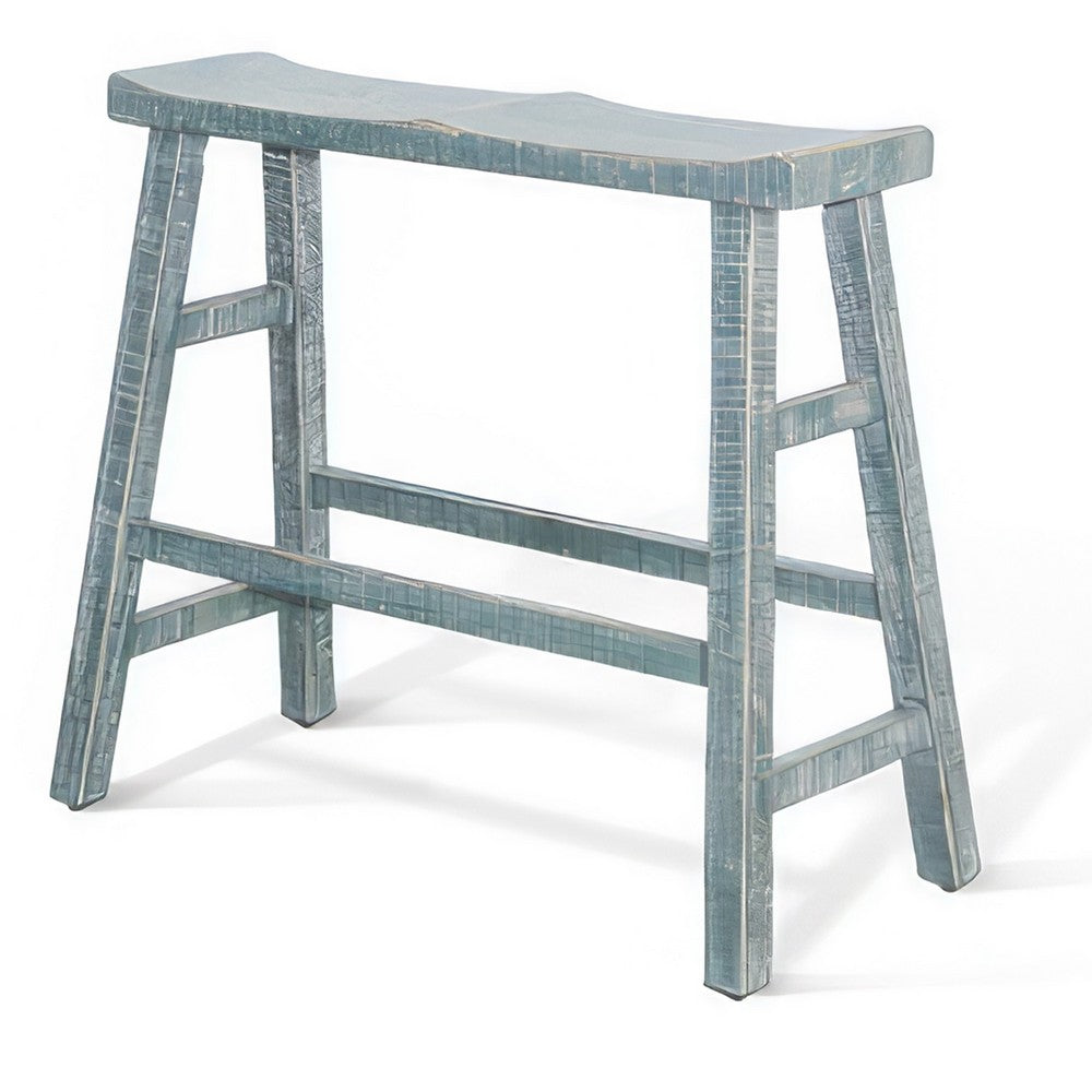 Benjara Rena Bar Height Bench, 33 Inch Rustic Seagrass Green Mahogany Wood