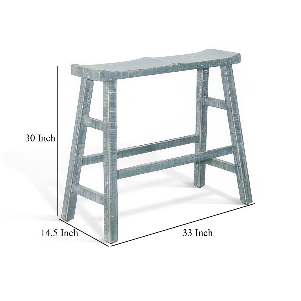 Benjara Rena Bar Height Bench, 33 Inch Rustic Seagrass Green Mahogany Wood