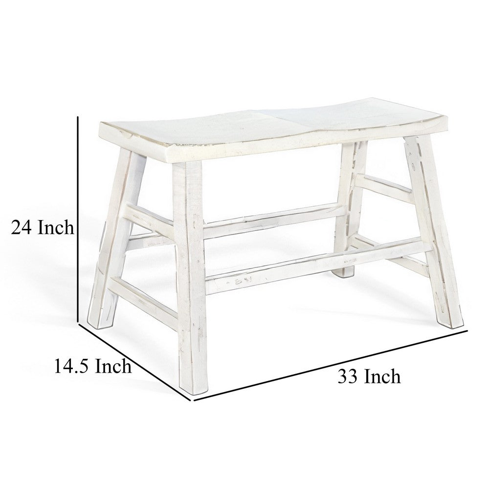 Benjara Rena Counter Height Bench | Trestle Legs with Footrests | 33" Wide White Sand Mahogany Wood