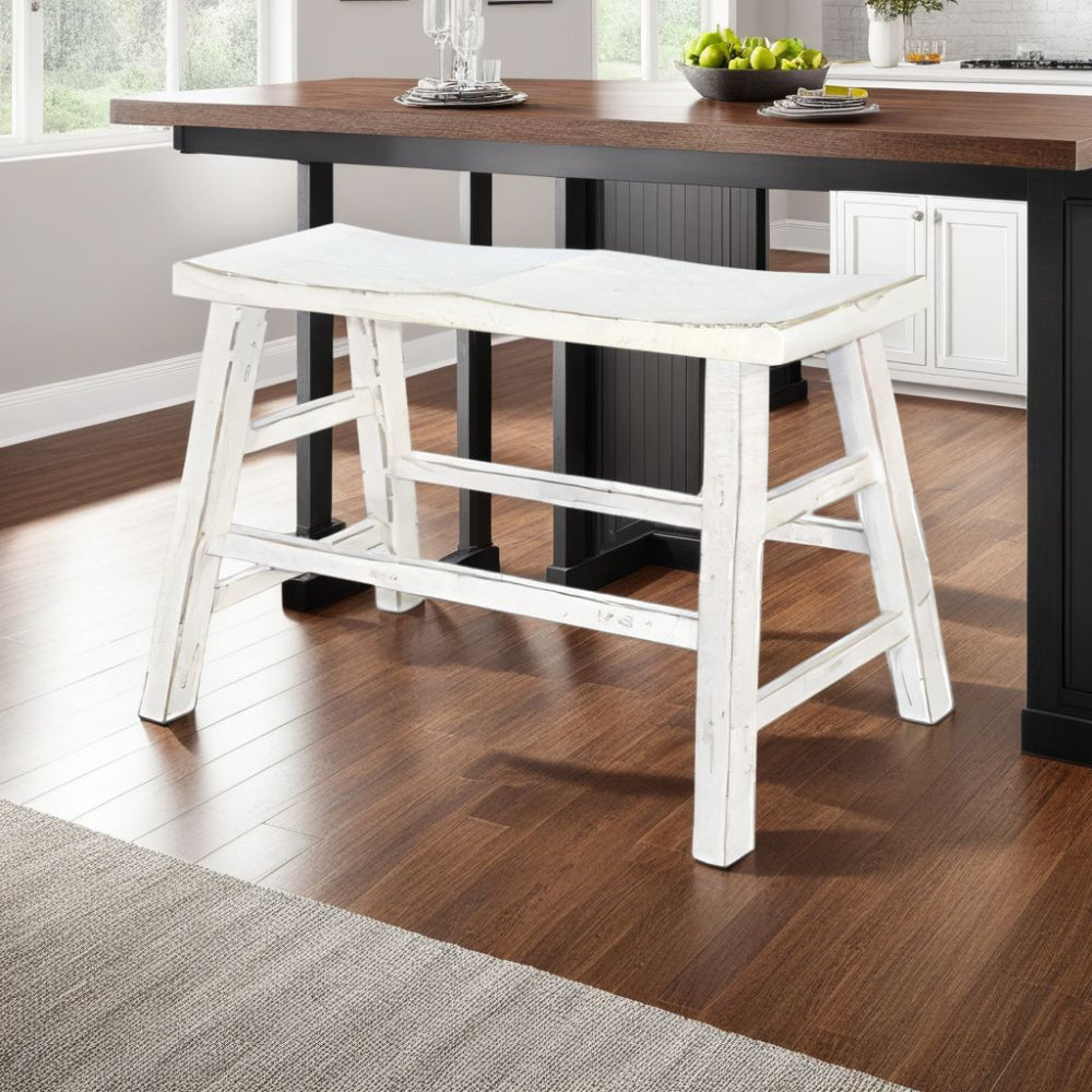 Benjara Rena Counter Height Bench | Trestle Legs with Footrests | 33" Wide White Sand Mahogany Wood
