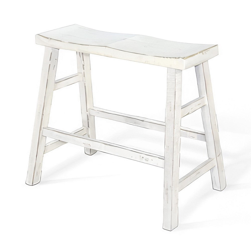 Benjara Rena Bar Height Bench | Trestle Legs with Footrests | 33" Wide Rustic White Sand Mahogany Wood