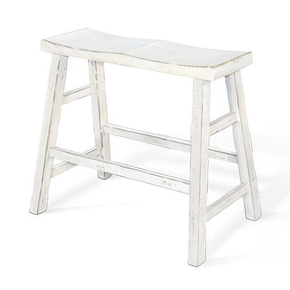 Benjara Rena Bar Height Bench | Trestle Legs with Footrests | 33" Wide Rustic White Sand Mahogany Wood