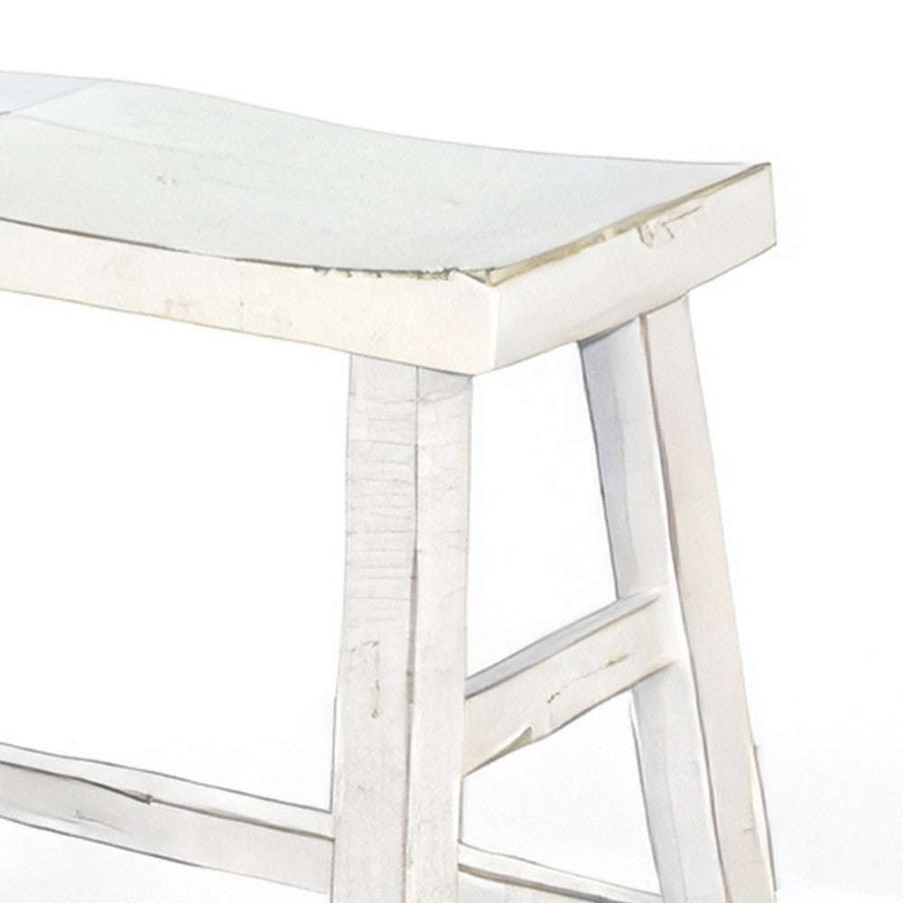 Benjara Rena Bar Height Bench | Trestle Legs with Footrests | 33" Wide Rustic White Sand Mahogany Wood