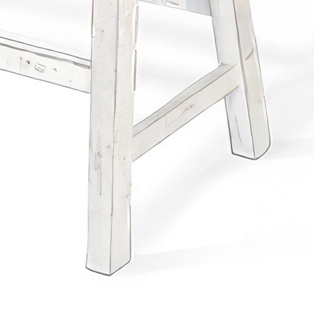 Benjara Rena Bar Height Bench | Trestle Legs with Footrests | 33" Wide Rustic White Sand Mahogany Wood