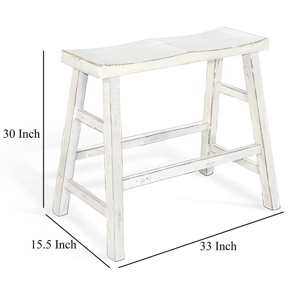 Benjara Rena Bar Height Bench | Trestle Legs with Footrests | 33" Wide Rustic White Sand Mahogany Wood