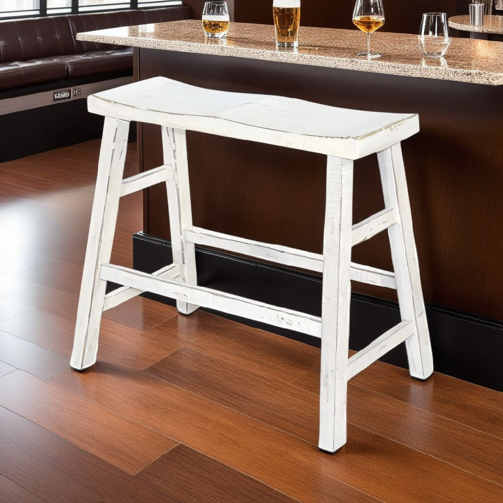 Benjara Rena Bar Height Bench | Trestle Legs with Footrests | 33" Wide Rustic White Sand Mahogany Wood