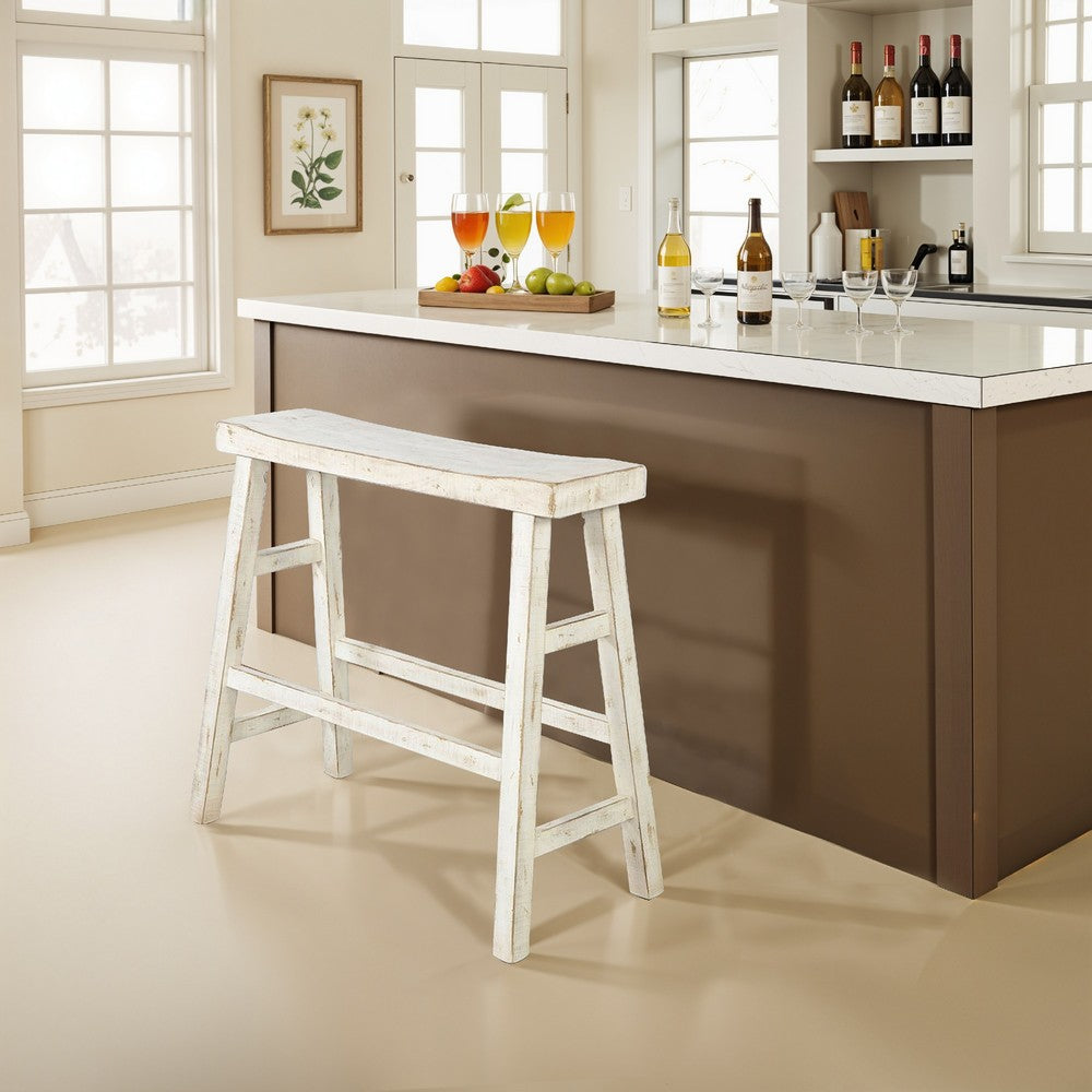 Benjara Rena Bar Height Bench | Trestle Legs with Footrests | 33" Wide Rustic White Sand Mahogany Wood