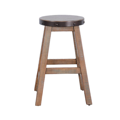 Benjara Ayka Round Counter Stool, Metal Band, Splayed Legs, Brown Mahogany