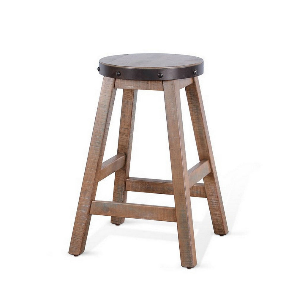 Benjara Ayka Round Counter Stool, Metal Band, Splayed Legs, Brown Mahogany