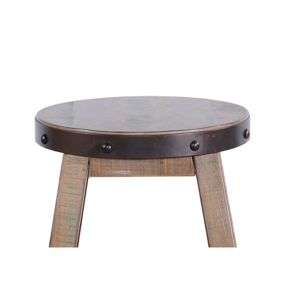 Benjara Ayka Round Counter Stool, Metal Band, Splayed Legs, Brown Mahogany